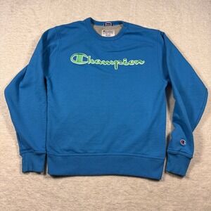 Vintage Champion Men's S Blue Crewneck Sweatshirt Green Logo Powerblend
